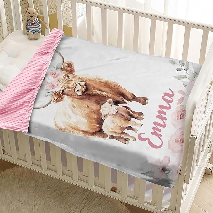 Personalized Baby Blankets for Boys Girls, Custom Name Pink Highland Cow Baby Blanket, Soft Receiving Blanket for Newborns and Toddlers, Ideal for Baby Showers and Nursery Decor