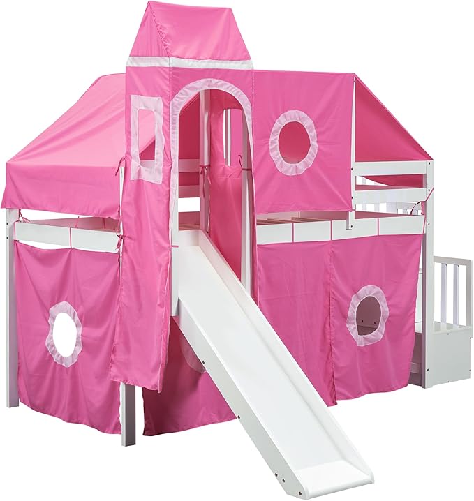 Playhouse Twin Size Low Loft Bed with Slide & Tent and Tower, Solid Wood Tent Bed Frame with Storage Staircase for Kids Teens Boys Girls, Versatile Spacious Under Bed Space with Curtains (Pink-TST)