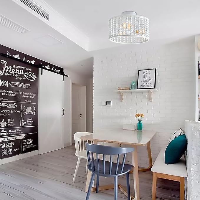 tewei Wood Bead Chandelier, Semi Flush Mount Boho Nursery Ceiling Light Fixture Rustic 3 Lights Chandelier Farmhouse E26 for Kitchen Bedroom Living Dining Room White
