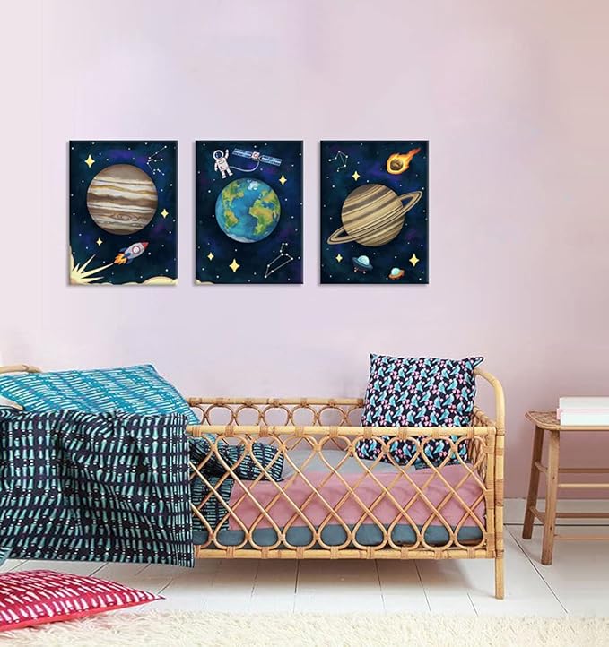 iHAPPYWALL 3 Pieces Outer Space Canvas Wall Art Abstract Universe Planet Jupiter Saturn Earth Painting for Boys Kids Room Bedromm Wall Decoration Ready to Hang 12x16inchx3pcs
