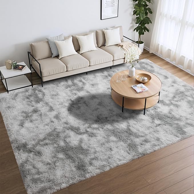 Merelax Soft Area Rugs for Livingroom Bedroom, Shaggy Plush Fuzzy Fluffy Carpet Furry Fur Rug, Modern Indoor Comfy Nursery Kids Dorm Home Decor Floor Mat, 6 x 9 ft, Tie-Dyed Light Grey
