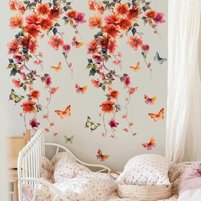 2 Sheets Removable Hanging Red Vine Flowers Wall Decal DIY Colorful Flying Butterfly Wall Decal Self-Adhesive Art Decor for Girls Room Living Room Bedroom Office TV Backdrop Home Decor