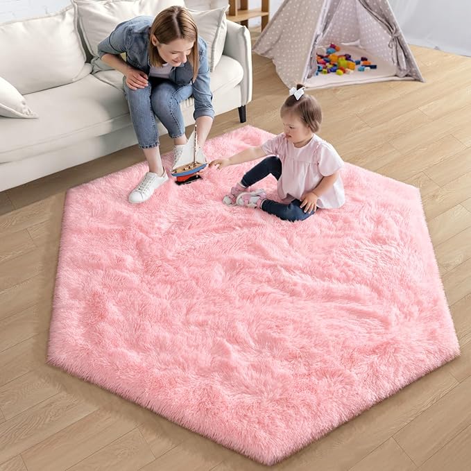 EVOIONOS Pink Hexagon Rug for Princess Tent, Fluffy Area Rug for Kids Room, 4x4.6 Feet for Girls Tent, Furry Soft Nursery Rug, Fuzzy Plush Carpet for Teen Girls Bedroom