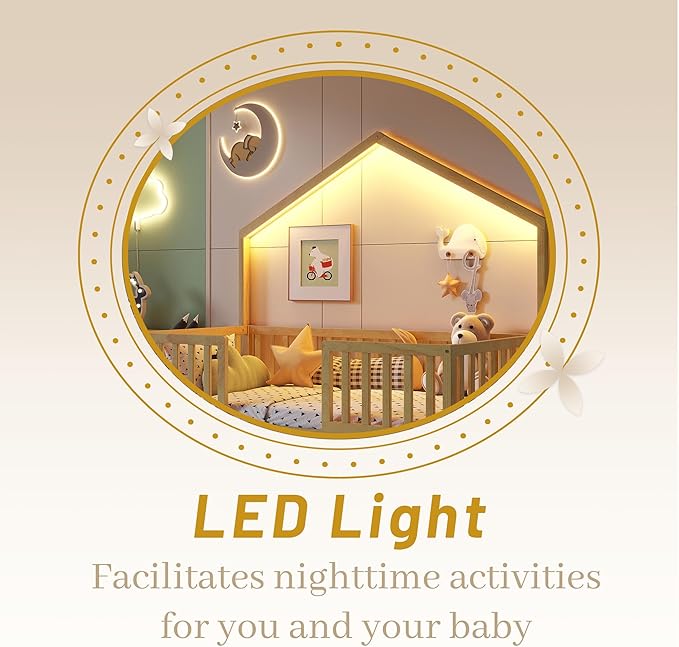 Twin Size House Bed for Kids, Low Profile Montessori Bed Twin with High Railings, Wood House Shape Montessori Beds with Light & Roof for Kids, Natural