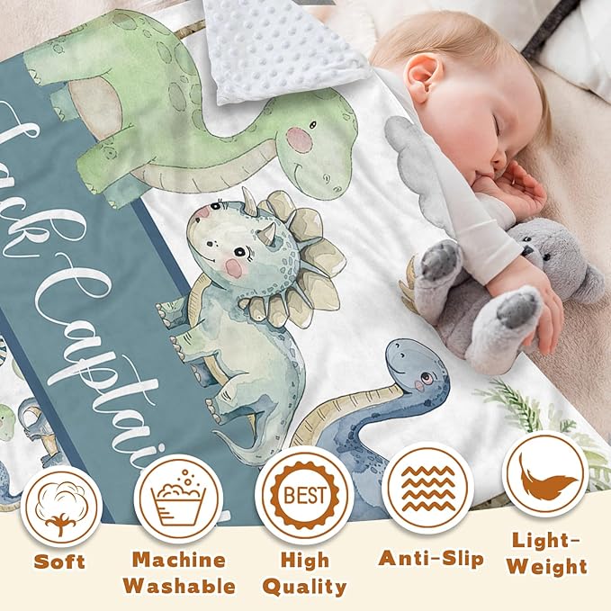 Personalized Baby Name Blanket for Boy Girl, Soft Flannel Blanket with Double Layer Dotted Backing for Newborn, Nursery Crib with Green Dinosaur Design, Baby Blanket Customized Gifts(47" x60)