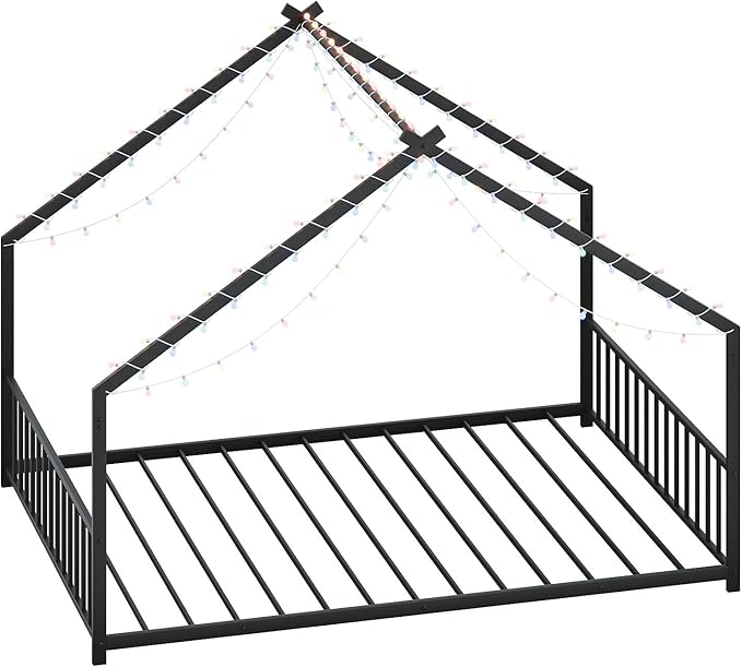 Bellemave Full Size Montessori Floor Beds with Slats for Kids, Metal Full House Bed for Kids, Black with Slats and Lights
