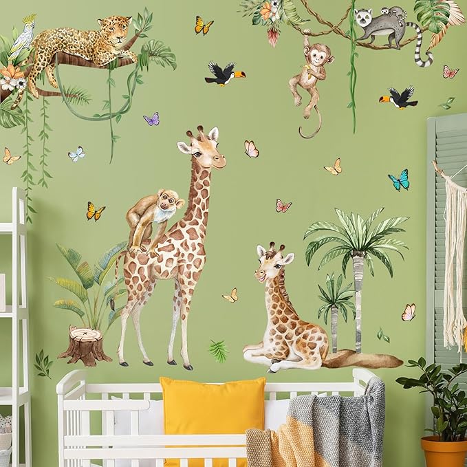 Jungle Safari Watercolor Wall Stickers - Large Removable Animal Wall Decals (Leopard, Giraffe, Monkey, Koala) with Tropical Plants Vines & Butterflies DIY Nursery Decor for Kids Bedroom, Classroom