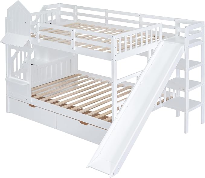 Full-Over-Full Castle Style Bunk Bed with 2 Drawers and 3 Shelves, Wood Bunk Bed Frame with Slide and Storage Staircase for Kids Teens Boys Girls, Maximize Space Savings (White +Full-3)