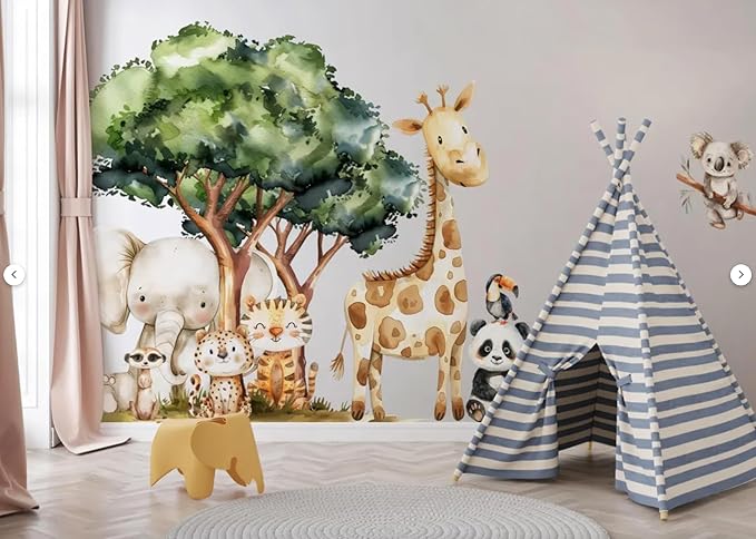 Safari Jungle Wall Stickers – Safari Animals Wall Decals for Nursery – Kids Room Wall Art – Removable Vinyl Stickers for Baby Room Decor – Giraffe Elephant Lion Wall Mural (Set2)