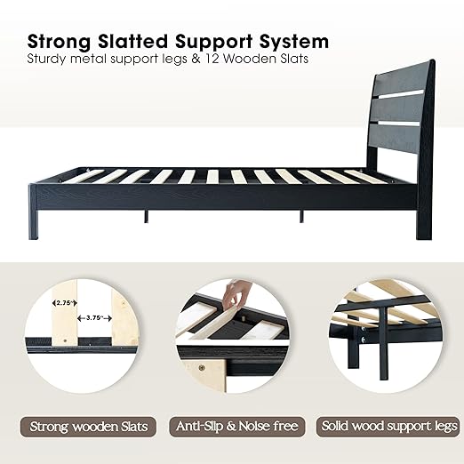 Queen Size Solid Wood Platform Bed Frame with Headboard & Footboard, Metal Legs with 12 Durable Slatted Base, Easy Assembly, No Box Spring Needed, Noise-Free & Anti-Slip, Ebony Oak Finish, QIQ-35