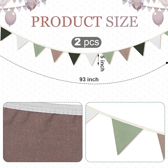 VitalCozy 17 ft Pennant Banner Flags 2 Pcs Boho Nursery Garland 5 Inch Triangle Bunting Banners Double Side Nursery Decoration for Boy Girl Toddler Baby Shower Birthday Wedding Party(Neutral Colors)