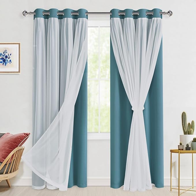 Hiasan Blackout Curtains with Sheer Overlay,Thermal Insulated Mix & Match Double Layer Room Darkening Curtains for Bedroom,Living Room,Nursery,2 Window Panels Sewn with Tiebacks,Stone Blue,52W X 84L