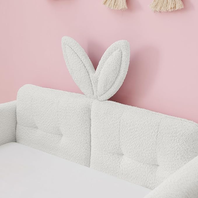 DEINPPA Twin Size Platform Bed Frame with Rabbit Ear Shaped Headboard and Pocket, Boucle Upholstered Bed Frame with Guardrail for Children Kids Boys Girls-Beige