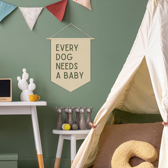 Every Dog Needs a Baby Linen Canvas Banner, Baby Shower Decor, Pregnancy Announcement Babe Gender Reveal Shower Wall Hanging Pennant Flag Banner for Newborn Room Bedroom Playroom, 15x11in