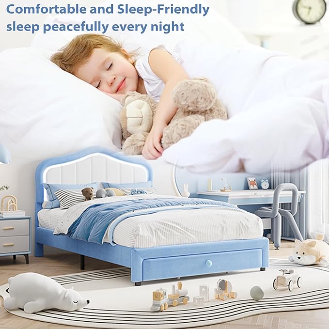 GarveeHome Upholstered Full Size Bed Frame with Led Lights and Storage Drawer, Cute Velvet Led Bed Frame with Headboard for Kids, Girls, Boys, No Box Spring Needed, Wooden Slats, Noise Free, Blue