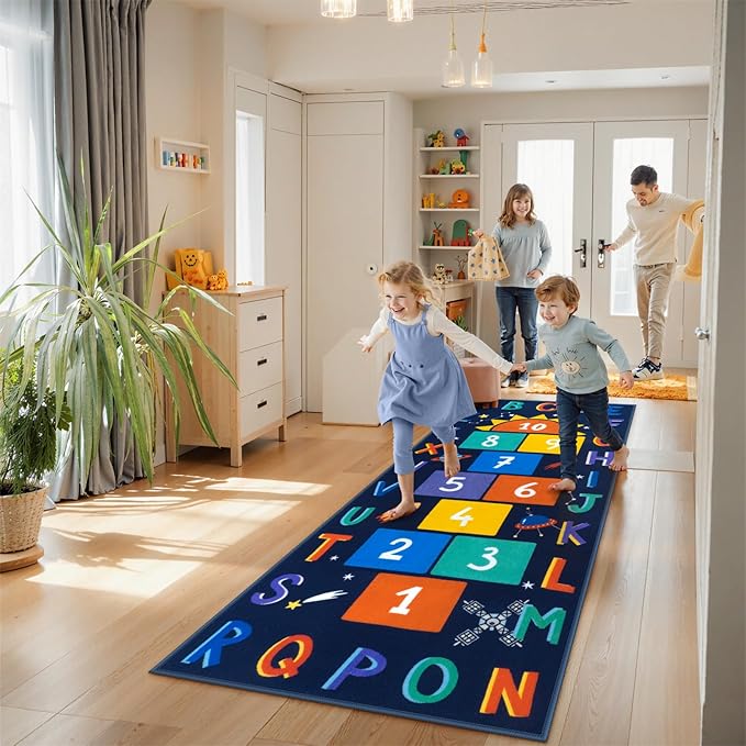 STARUIA Washable Hopscotch Kids Rugs for Playroom, Colorful Educational Classroom Rug with ABC Number, Non Slip Boy Kids Room Rug Space Game Carpet for Bedroom Nursery（Dark Blue, 31.5''x72''）