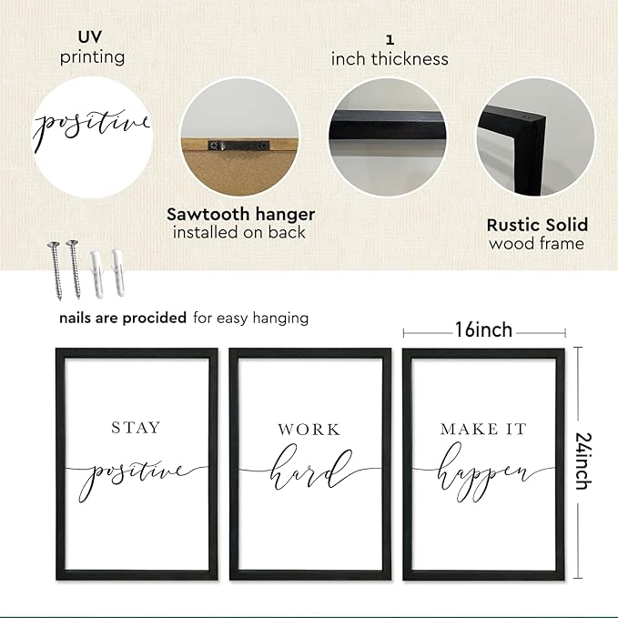 YWJKWLGS Inspirational Office Wall Art Set 16x24 Inch 3 piece Motivational Quotes Wall Decor Stay Positive Work Hard Make It Happen Signs for Home & Office Wood Framed Hanging (Black)