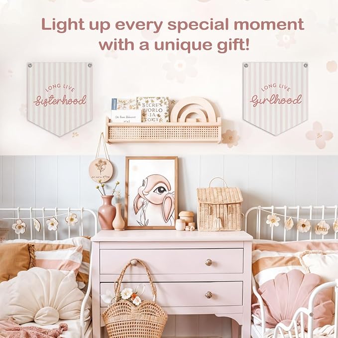 Lacama Girl Room Decor, Long Live Sisterhood Linen Banner Hanging Flag Retro Pink Banner for Nursery Playroom Wall Decor for Kids Bedroom Dorm Toddler Decorations Trendy Room Decor 12.4x14 in
