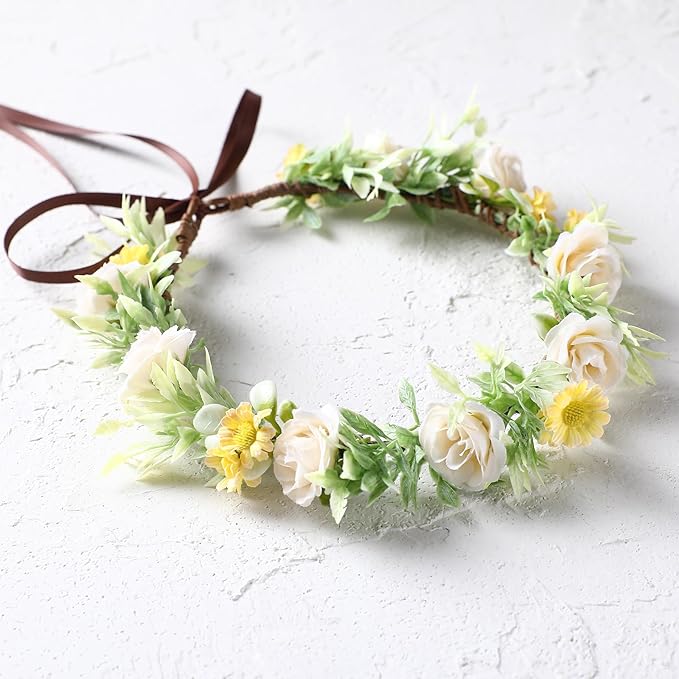 Girls Rose Flower Crown - White Boho Flower Headband Bridal Wreath Popular Floral Headpiece for Women Wedding, Baby Shower, Family Photos and Fancy Gala