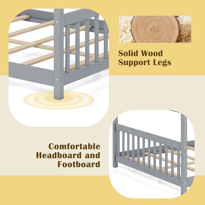 Giantex Full Size Floor Bed, Solid Wood Montessori House Bed with Roof, Headboard and Footboard, Low Full Bed Frame for Kids Teens Girls Boys, No Box Spring Needed, Grey