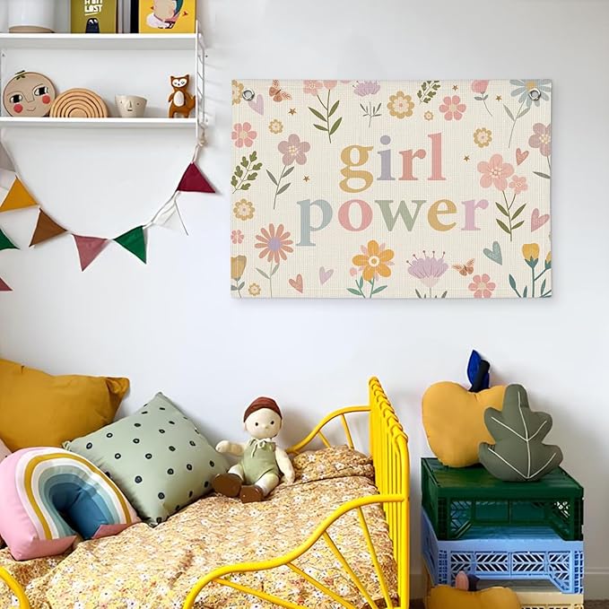Girl Power Flower Wall Hanging Banner - Linen Flag Decor for Little Girl's Room, Baby Girl, Toddler Room Wall Decor