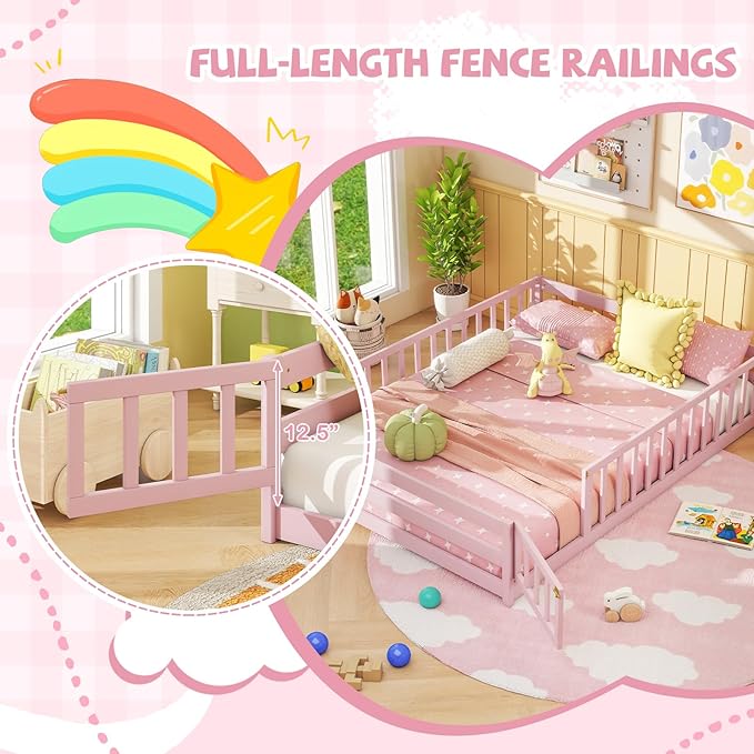 Giantex Full Floor Bed with Door & Fence, Kids Wood Montessori Beds with Safety Guardrails, Floor Bed Twin for Kids, Boys, Girls, No Box Spring Needed, Pink