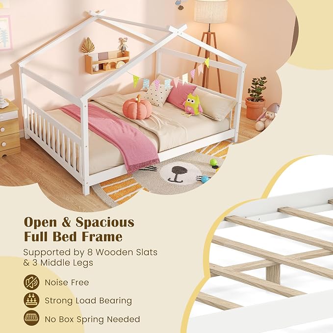 Giantex Full Size Floor Bed, Solid Wood Montessori House Bed with Roof, Headboard and Footboard, Low Full Bed Frame for Kids Teens Girls Boys, No Box Spring Needed, White