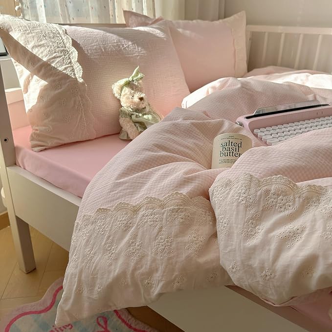 LifeTB Pink Gingham Duvet Cover Full Size 3 Pieces Romantic Lace Duvet Cover Pink Plaid Checkered Comforter Cover with 2 Pillowcases Soft Breathable Microfiber Grid Farmhouse Plaid Bedding Set