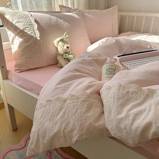 LifeTB Pink Gingham Duvet Cover Queen Size 3 Pieces Romantic Lace Duvet Cover Pink Plaid Checkered Comforter Cover with 2 Pillowcases Soft Breathable Microfiber Grid Farmhouse Plaid Bedding Set