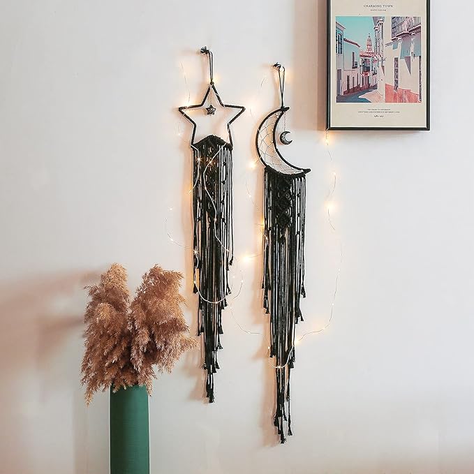Tarklanda Moon Star Dream Catcher Decor,2pcs Boho Home Moon Star Black Dreamcatcher, Bohemian Wall Hanging Dream Catcher Decor for Home Bedroom Craft Decoration