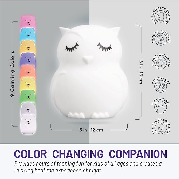 Lumipets Remote Control Silicone Night Light for Kids - Owl Design with 9 Soft Colors & Sleep Timer - Rechargeable, Battery-Operated Lamp for Bedroom | Baby Nursery, Toddler, Girls, Boys