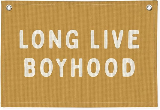 Long Live Boyhood Banner, Boy Nursery Decor, Canvas Banner Wall Hanging Banner Flag Decor for Nursery Playroom Toddler Room, Boys Kids Room Decor (Yellow)