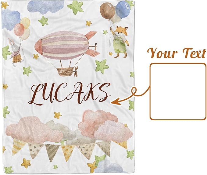 Personalized Baby Blanket for Girls, Custom Name Blanket for Newborn New Mom , Soft Flannel with Double Layer Dotted Backing, Gifts for Baby Shower Christmas Birthday, Hot Air Balloons(60"x80)