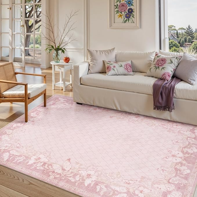 STARUIA Washable Rugs for Living Room, 5x7 Pink Rugs for Bedroom Girls Nursery, Non-Slip Soft Butterfly Area Rug Cute Girl Pink Carpets for Kids Room Playroom Dorm Dining Room Indoor Decor