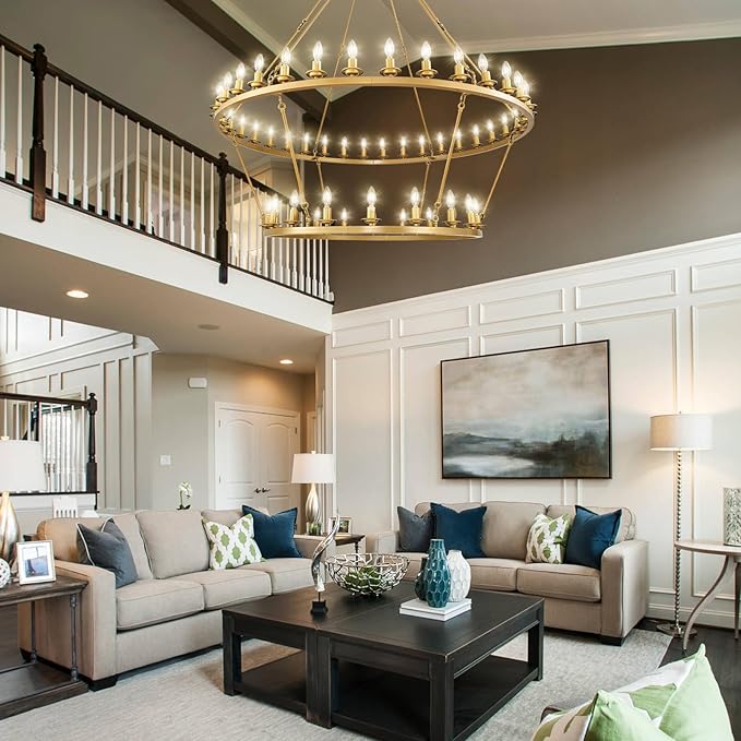 Wagon Wheel Chandelier, 2-Tier 54-Light Gold Large Modern Farmhouse Chandelier with Adjustable Height Island Light Fixture for High Ceiling Dining Room, Kitchen, Living Room, Entryways, Foyer