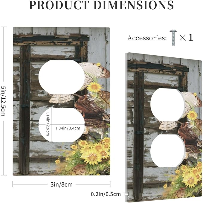 Vintage Brown Blue Old Wooden Door 1 Gang Duplex Outlet Covers Light Switch Cover Decorative Electrical Switchplate Antique Barn Door with Owls Sunflower Faceplate for Bathroom Bedroom Home Decor