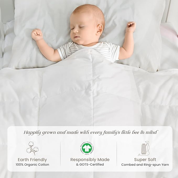 Toddler Goose Down Comforter Lightweight Summer Cooling Baby Duvet Insert, Hypoallergenic 100% Organic Cotton Crib Quilted Washable Nursery Blanket with Corner Tabs, White 33x43 Inches