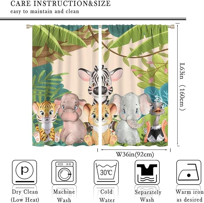 Animals Curtains Colorful Forest Cartoon Cute Zebra Tiger Elephant for Kids Boys Girls Nursery Bedroom Living Room Blackout Rod Pocket Decoration Window Drapes 2 Panels W36xL63in