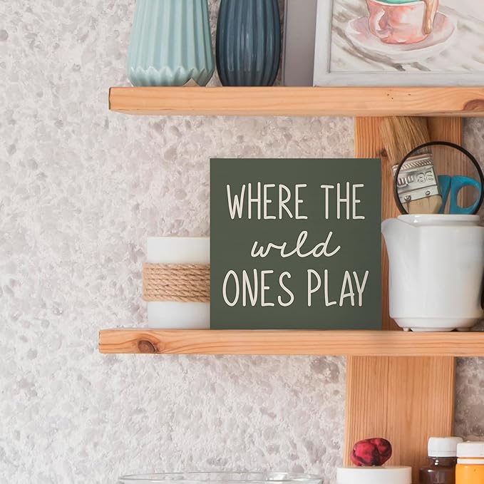 Where The Wild Ones Play Green Wood Box Sign Desk Decor 8x8, Nursery Kids Room Wooden Block Sign Decorations for Playroom Toddler Boys Girls Room Wall Tabletop Shelf Decor