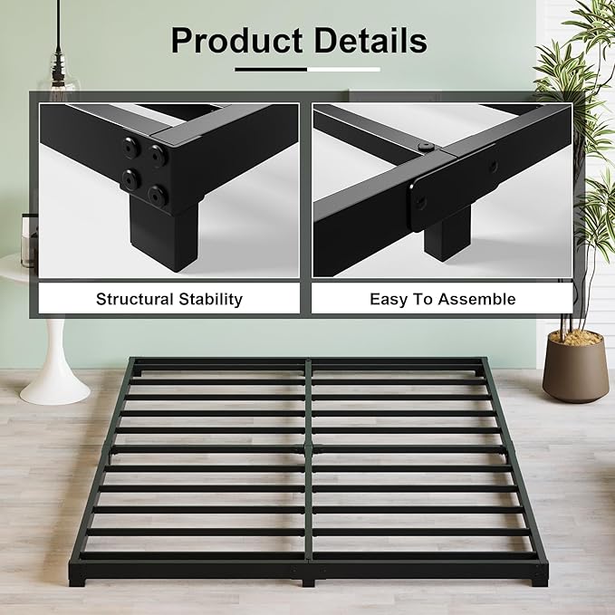 3 Inch Low Queen Bed Frame Heavy Duty Metal Platform, No Box Spring Needed, Easy Assembly Mattress Foundation, No Noise, Black