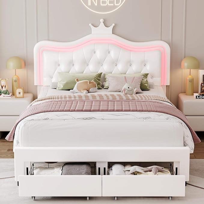 Keyluv Queen Upholstered LED Bed Frame with Storage Drawer, Leather Princess Platform Bed with Adjustable Crystal Button Tufted Crown Headboard, Solid Wooden Slats Support, No Box Spring Needed, White