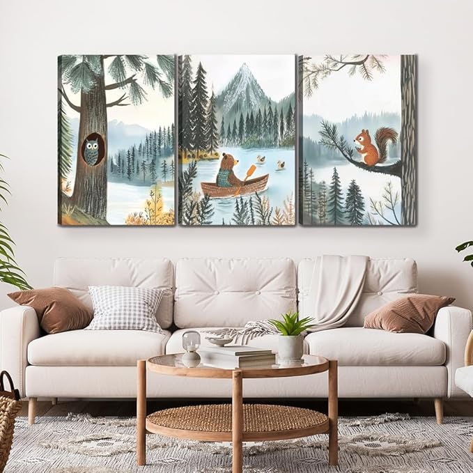 Woodland Animal Canvas Wall Art Set of 3 Bear Owl & Squirrel Posters Prints Adventure Theme Nursery pictures Wall Decor for Kids Bedroom or Playroom Ready to Hang(12x16in canvas)