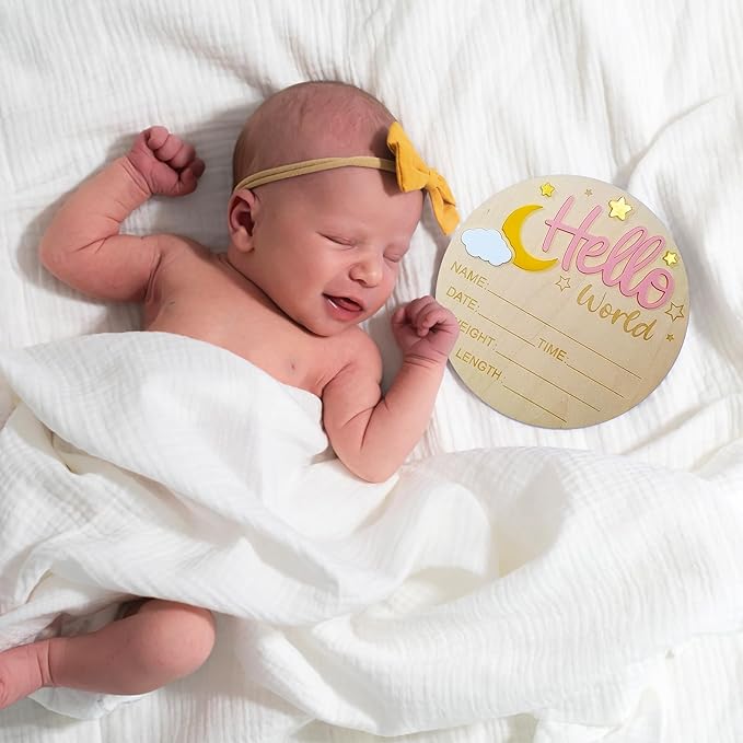 2Pcs Baby Announcement Sign Set, 5.9 Inch Hello World Newborn Sign and IT’S A Girl Welcome Signs, Baby Name Sign with Ink Pad for Hand & Footprints, 3D Wooden Birth Gifts for Hospital Shower Nursery