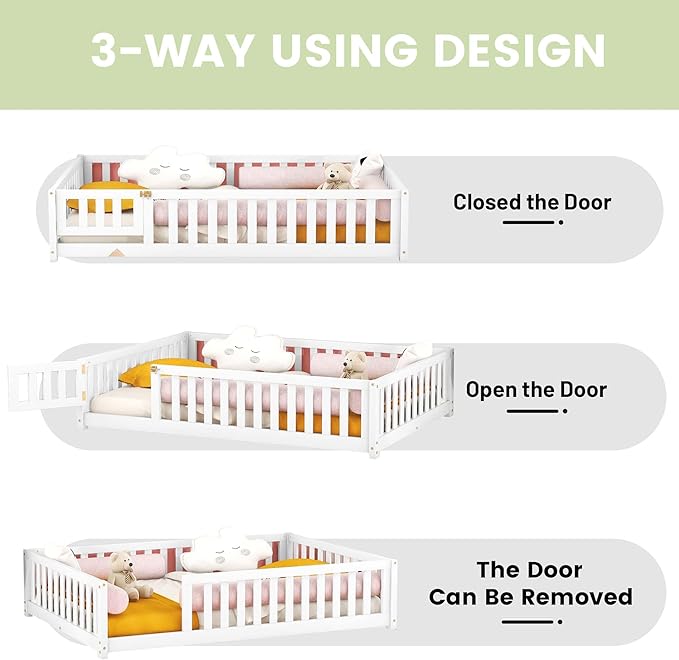 Full Size Floor Bed with Fence and Lockable Door, Wood Montessori Bed Frame with Slat Support for Kids,Boys,Girls,Easy Assembly, White