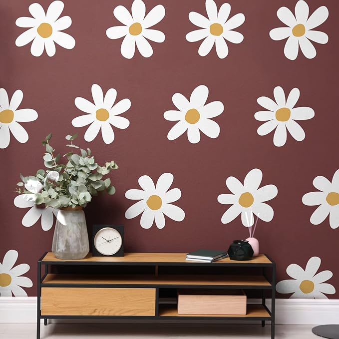 TaoBary 12 Sheets Daisy Wall Decal Flower Wall Sticker Cute Daisy Sticker Pink White Flower Decal Peel and Stick Floral Wallpaper for Nursery Bedroom Home Decor(White, Yellow,Vintage Style)