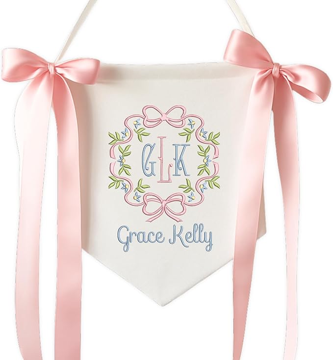 Embroidered Baby Name Sign Personalized Baby Announcement Sign Newborn Baby Banner with Bows Baby Hospital Name Sign Canvas Hanging Pennant Flag Custom Infant Baby Name Baby Shower Banner (13)