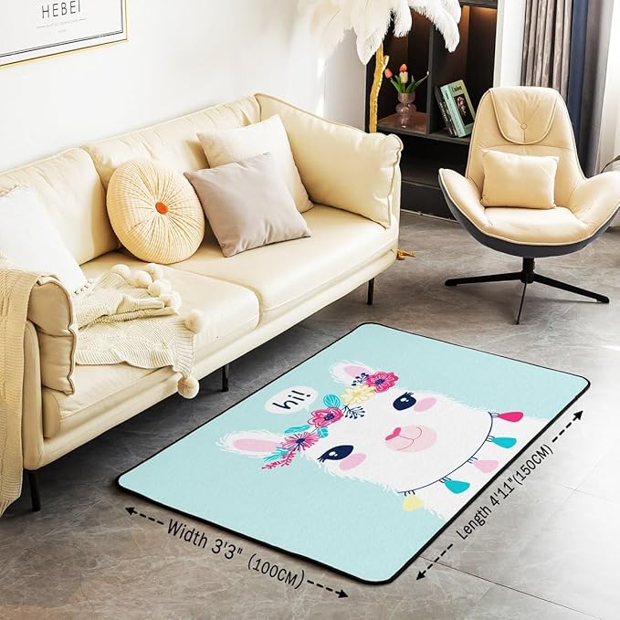 Cute Cartoon Llama Decorative Carpet Living Room Rugs for Bedroom Rugs Teal Llama Alpaca Decor Extra Soft Rugs for Living Room Bedroom Room Machine Washable Rugs
