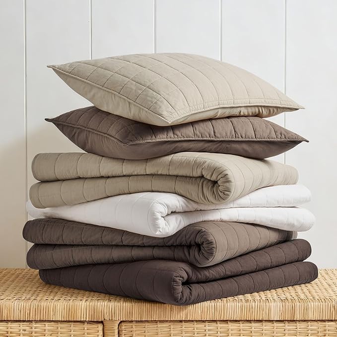 EVERGRACEHOME 100% Cotton Box Stitch Quilt Bedding Set Queen Size 3 Pieces, Garment-Washed Lightweight Soft Cozy Coverlet, Quilted Bedspread Sets with 2 Shams for All Season, Cocoa Brown
