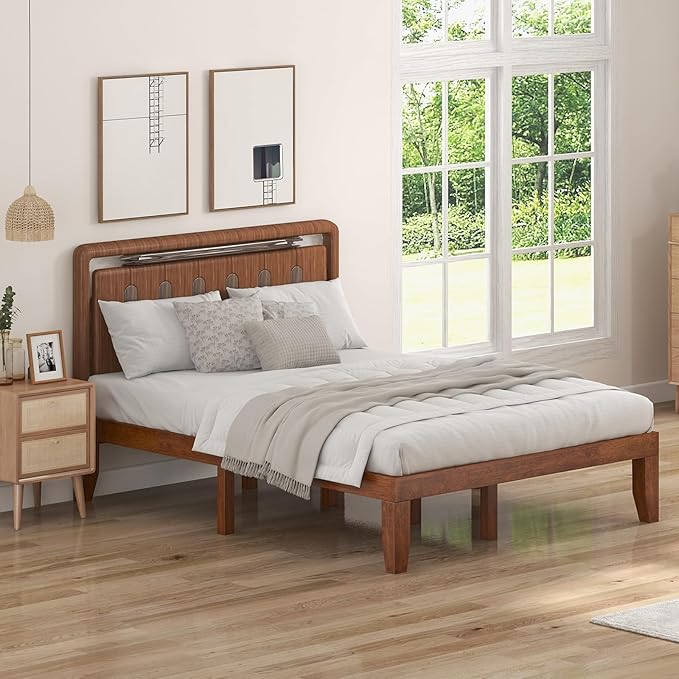 KOMFOTT 14 Inches Wood Platform Bed Frame Full Size, Wooden Mattress Foundation with Rubber Wood Frame, Strong Wooden Slat Support, No Box Spring Needed, Bed Frame (Brown Cherry)