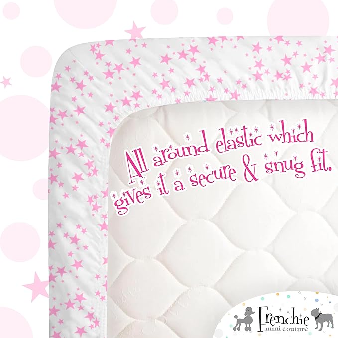 Frenchie Mini Couture Fitted Pack N Play Sheets 100% Woven Cotton Standard Mattress, Pink Stars, 27 x 39in, 2-Pack